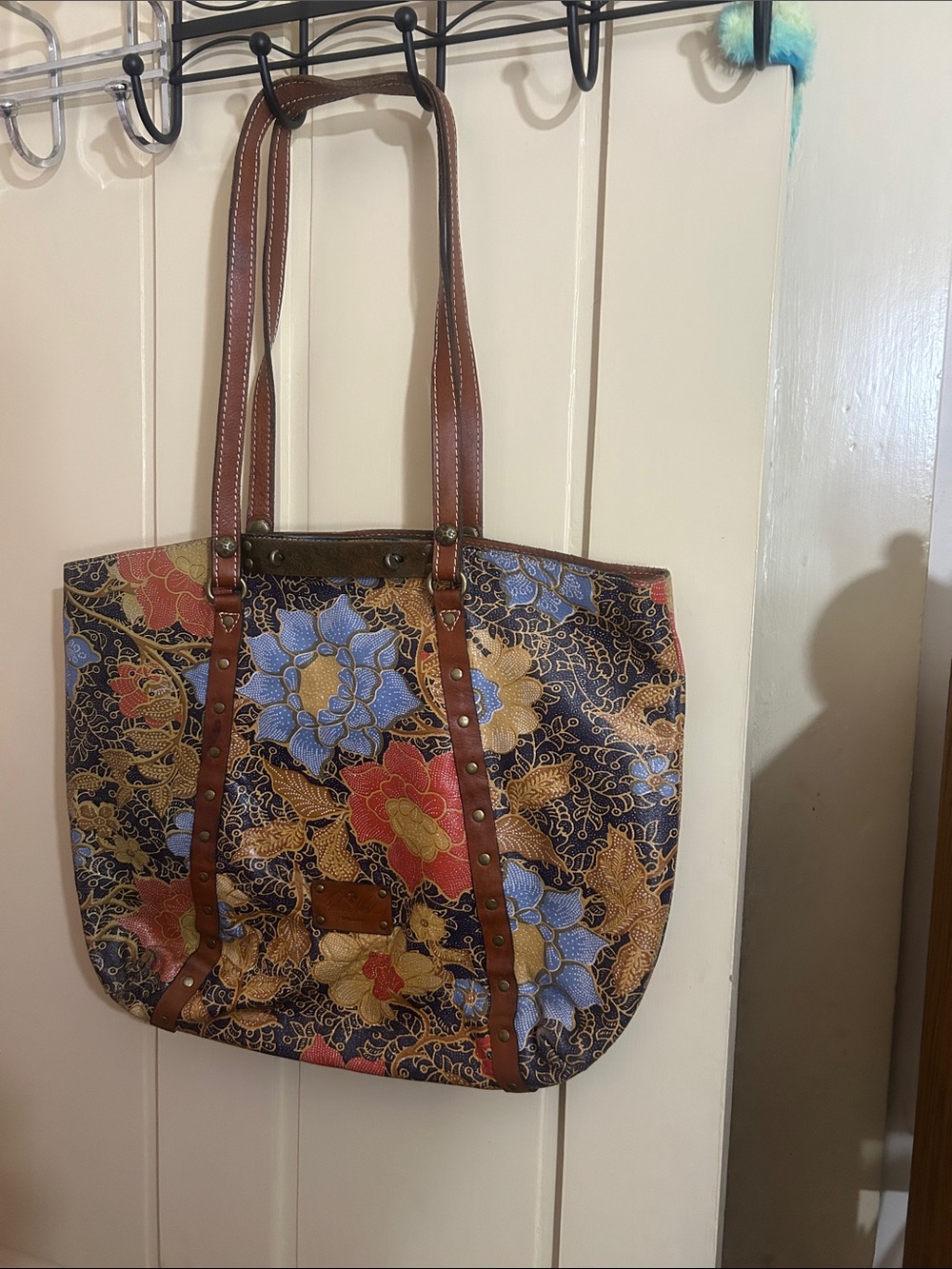 Patricia Nash Floral Leather-Trim Tote in Blue, Red & Gold